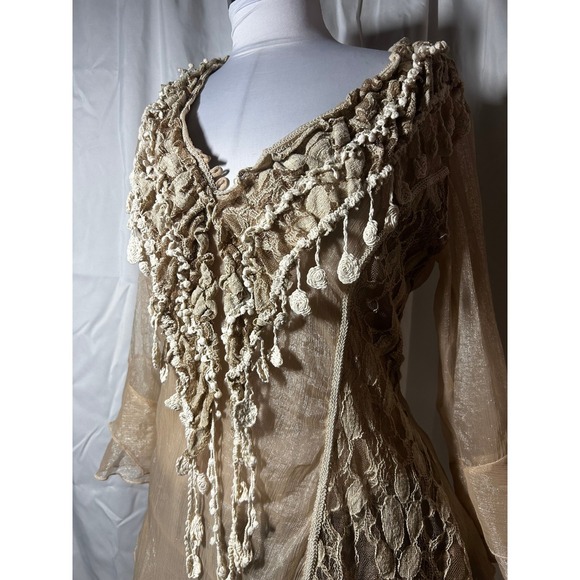 Vintage Pretty Angel Silk Blend Crochet Lace Tunic Top Tan Beige Boho Fairy - Picture 3 of 8